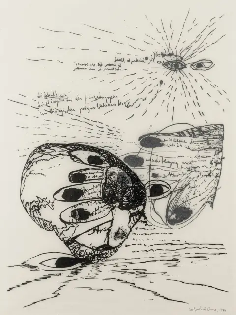 Claus, Carlfriedrich – Handreflexion. Offsetlitografia läpinäkyvälle paperille. Allekirjoitettu ja päivätty oikeassa alakulmassa. 1974...