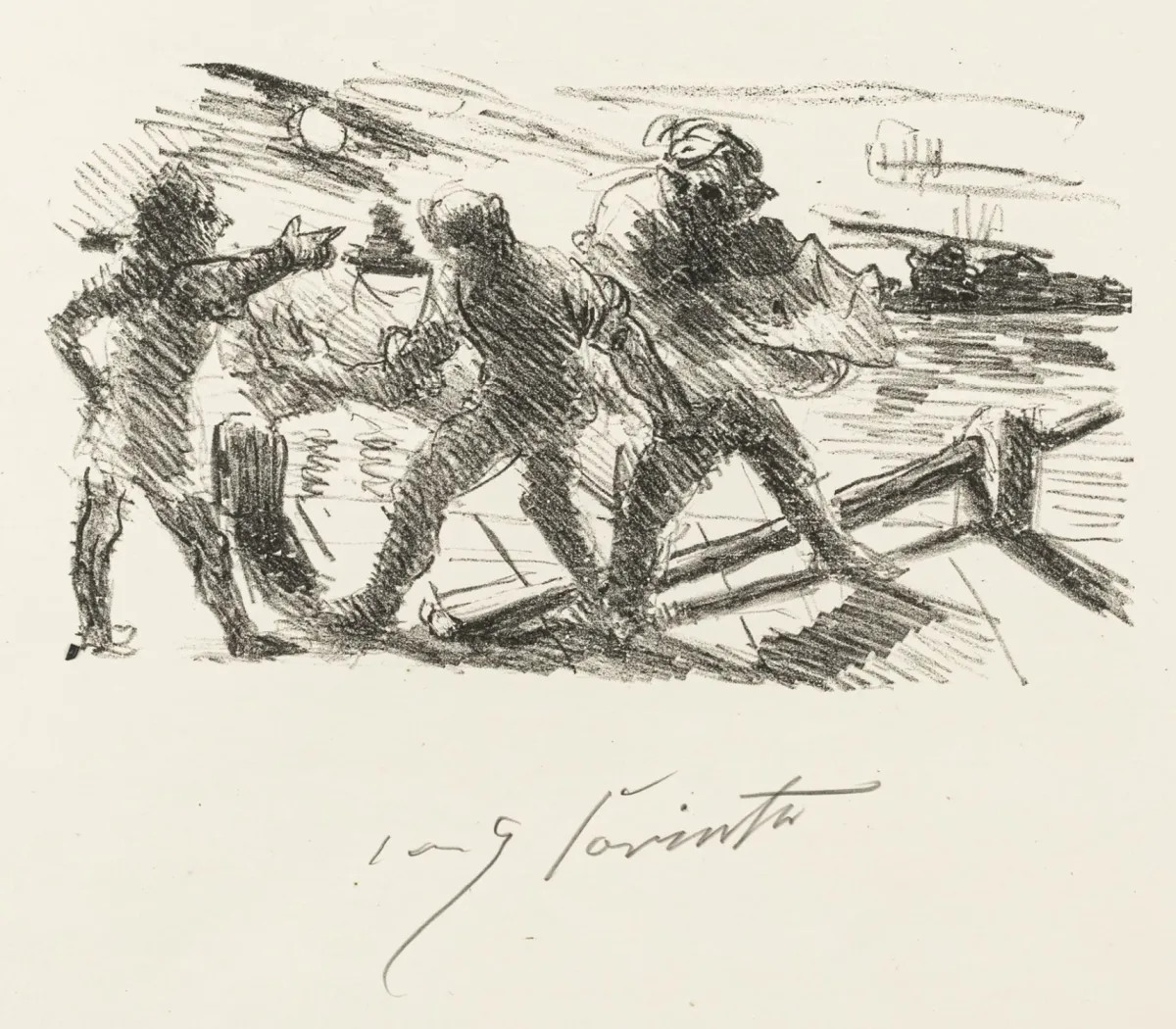 Corinth, Lovis – 三个男人。奶油色犊皮纸上的石版画。下方居中铅笔签名。画面尺寸：12 x 21.3 厘米。