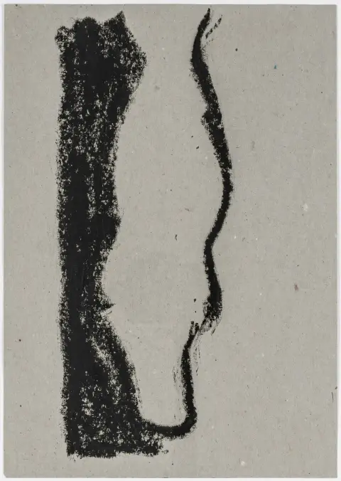 Croissant, Michael – Seisova hahmo. Sarja, 4 teosta. Rasvaliitu harmaalle paperille. Noin 1980. Lehden mitat: 34 x 24 cm. Kiinnitetty kartonkiin.