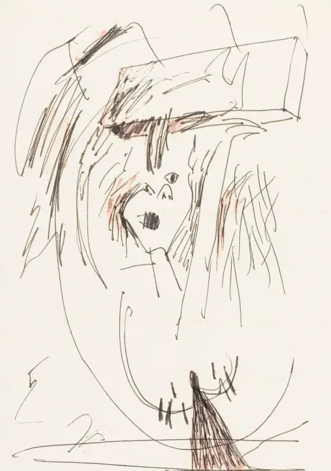 Dahn, Walter – Nimetön. Värillistet mustekynäpiirros veliinille. Kääntöpuolella signeerattu ja päivätty. 1981. Lehden mitat: 21 x 15 cm.