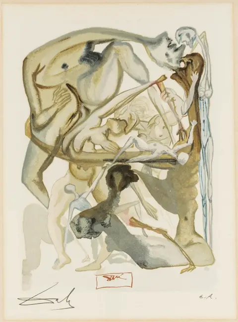 Dalí, Salvador – 2 värillistä puupiirrosta Danten "Jumalaisesta näytelmästä". Kukin signeerattu ja merkitty "e.a.". 1959-1963. Aiheen mitat: n. 25 x…