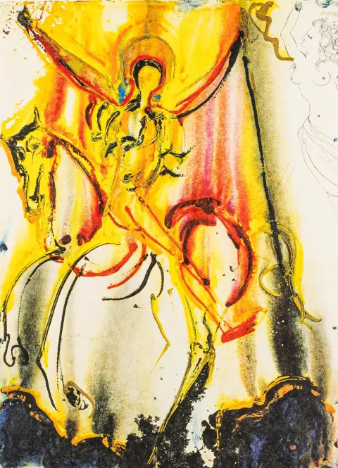 Dalí, Salvador – Le Cavallier de Triomphant. Värilitografia ja kohopainatus jäykälle chamois-väriselle japaninpaperille. Signeerattu ja merkitty…