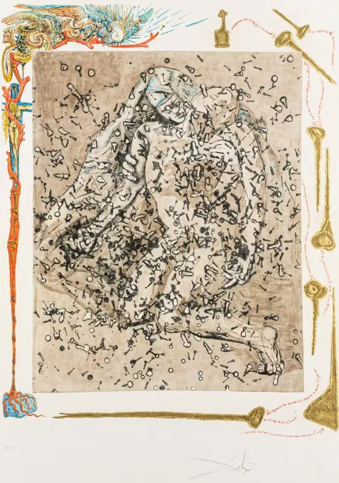 Dalí, Salvador – Pieta. Väri litografia kohokuvioinnein japaninpaperille. Signeerattu ja merkitty "H.C.". 1961. Aiheen mitat: 57 x 46 cm. Arkin mitat:…