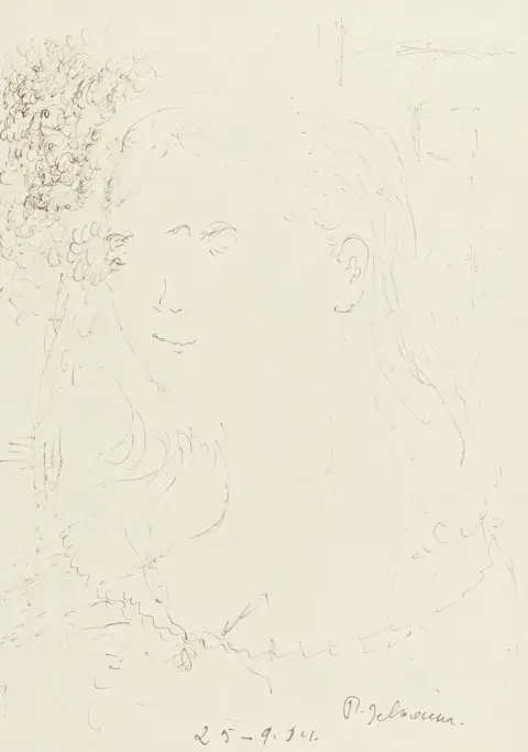 Delvaux, Paul – Tête de femme fleurie. Ohut kuitukynäpiirros keltaiselle paperille. Alareunaan signeerattu ja päivätty. 1984. Arkin mitat:…