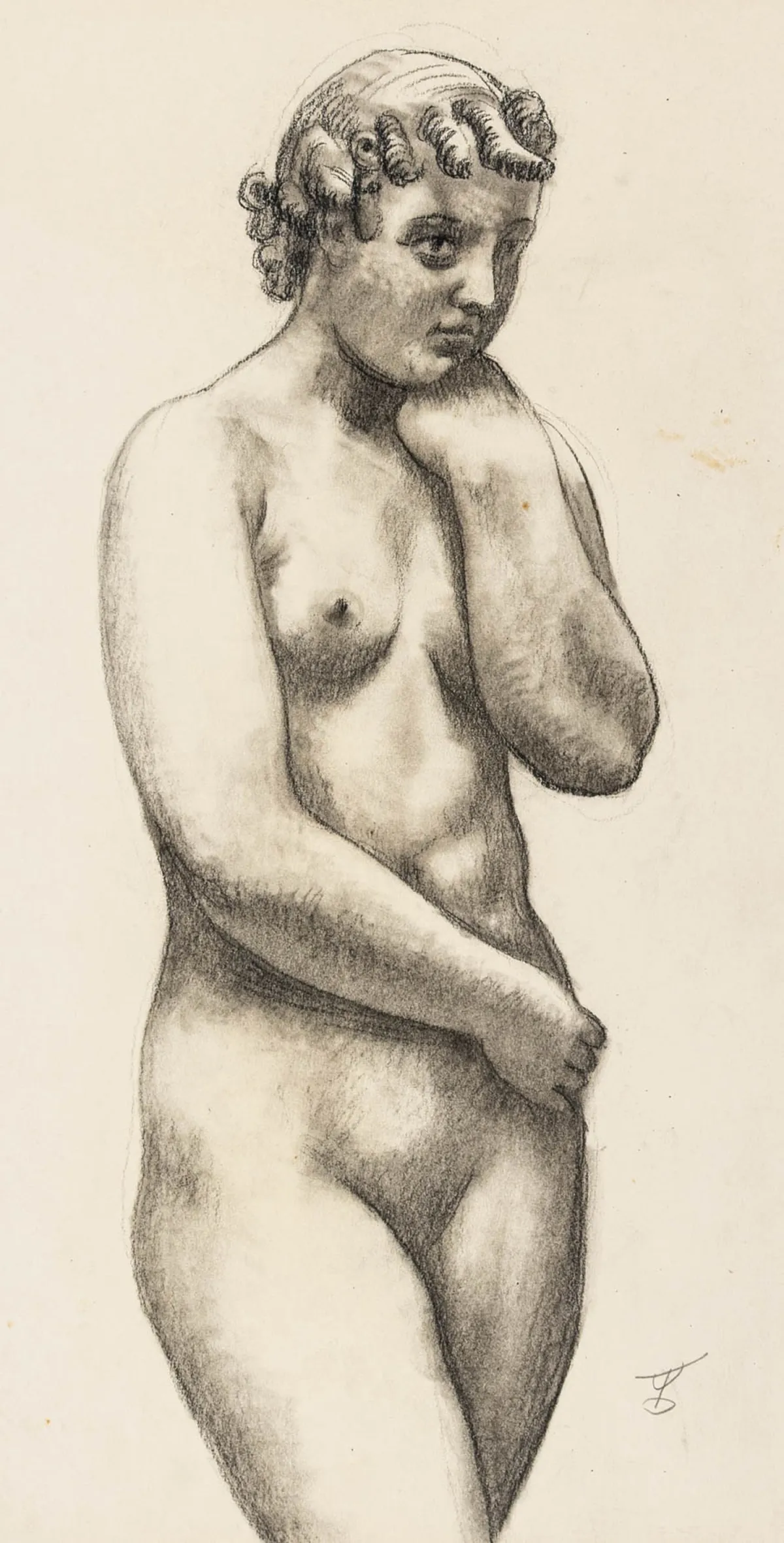 Dressler, August Wilhelm – 站立体。厚卡纸炭笔画。铅笔字母签名，背面有描述、…
