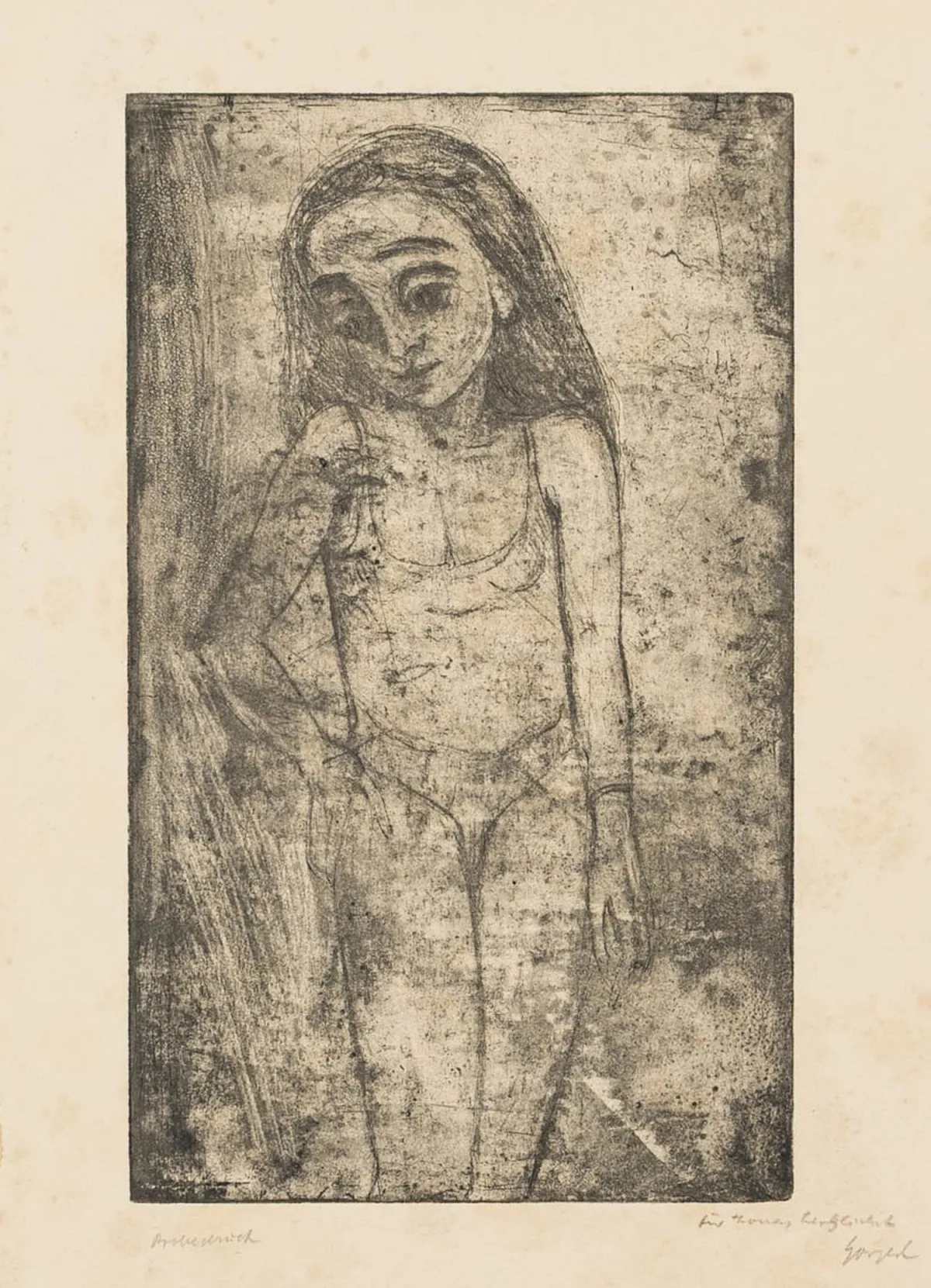 Ehrlich, Georg – 无题。（默片女演员Grete Bergner）。厚纸上蚀刻版画。签名、题赠并标注。