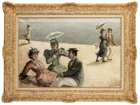 Eisendieck, Suzanne – 无题。（A la Plage）。布面油画。右下角签名。约1938年。内框尺寸：57.5 x 83厘米。装饰性