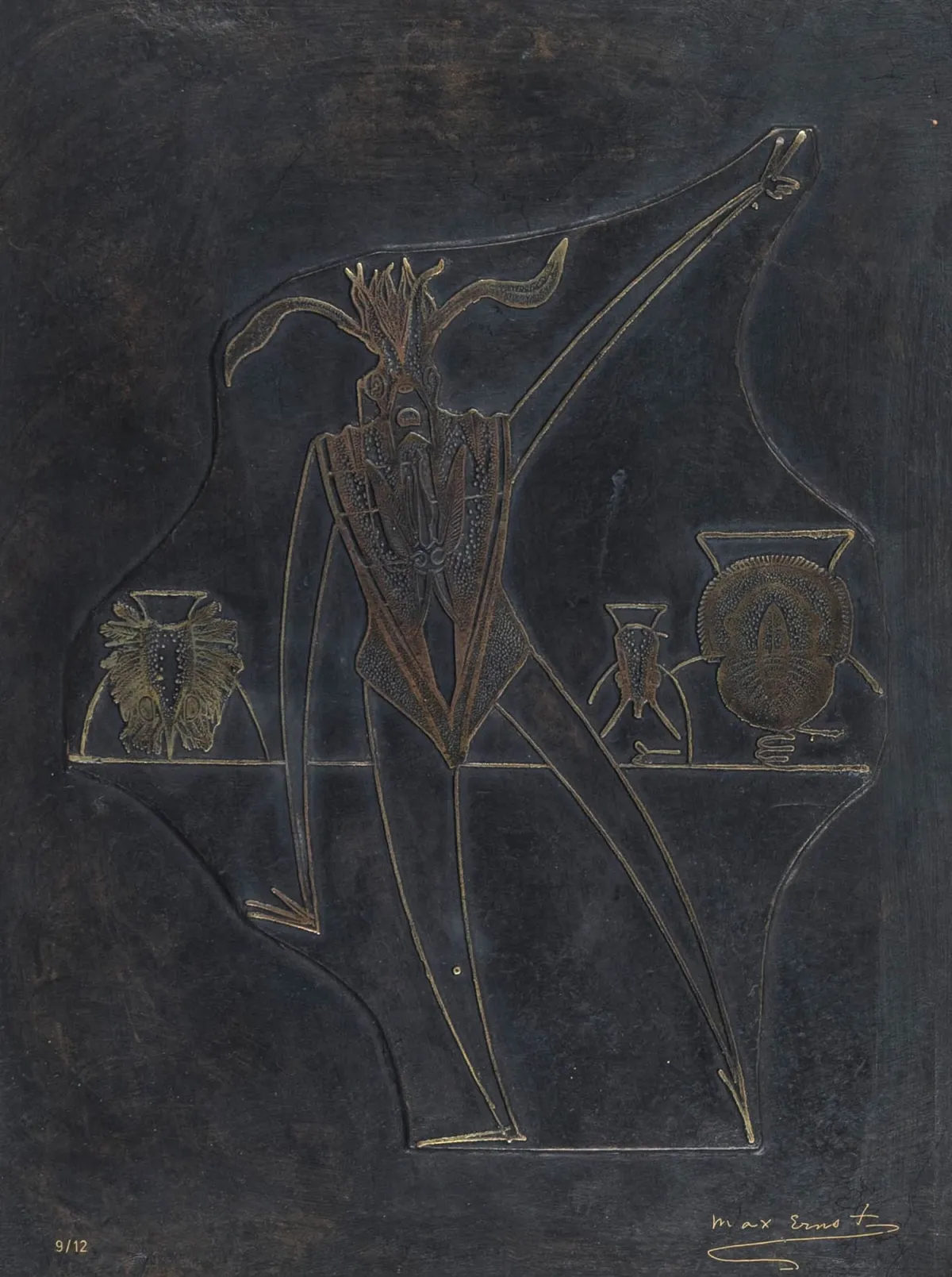 Ernst, Max – Bronzerelief II。青铜,背景深色做旧,凸起浮雕抛光。右下角刻有签名,左下角编号(压印)。…