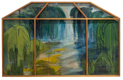 Finke, Dieter – Jamaica. Gouache ja pastelliliitu paperille, joka on kiinnitetty puulle, huolellisessa taiteilijakehyksessä akryylilasin alla…