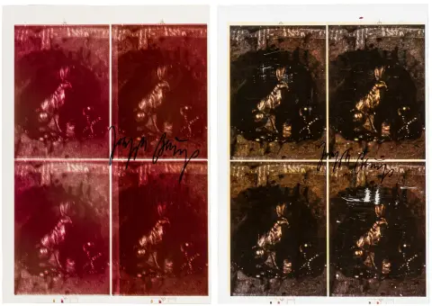 Fluxus – Beuys, Joseph. Hasengrab II. 2 postikortin vedosarkkia eri ruskeasävyissä. Kukin signeerattu keskellä oikealla. Kukin 33 x 23…