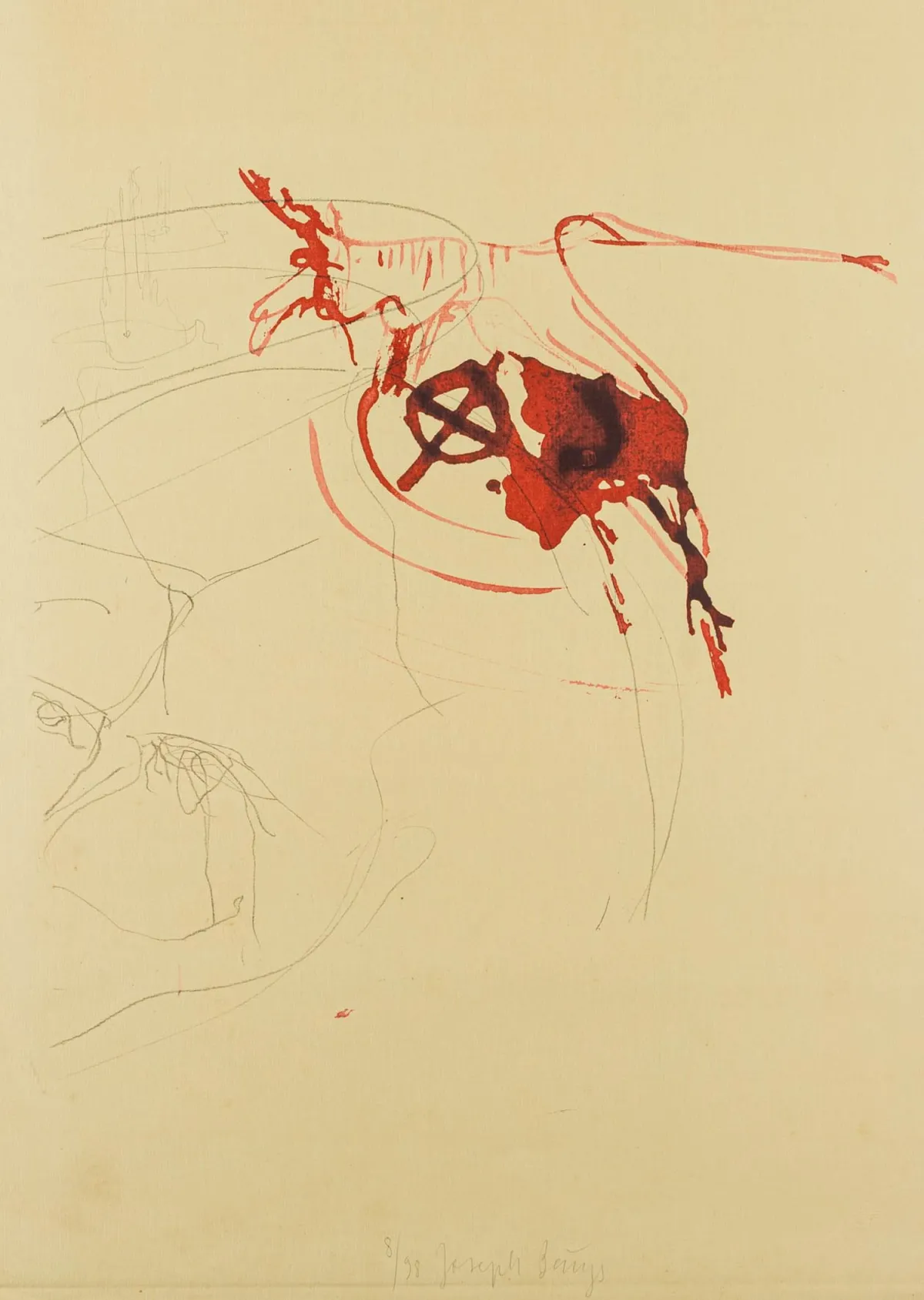 Fluxus – Beuys, Joseph. 无题。（头骨上流血的鹿）。出自：Spur I. 灰绿色手工纸上的彩色石版画，带…