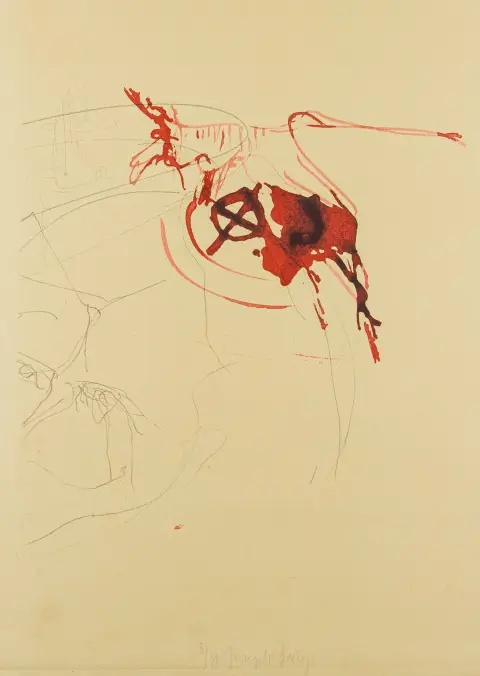 Fluxus – Beuys, Joseph. Sin título. (Ciervo sangrante sobre calavera). De: Spur I. Litografía en color sobre papel verjurado gris verdoso con el…
