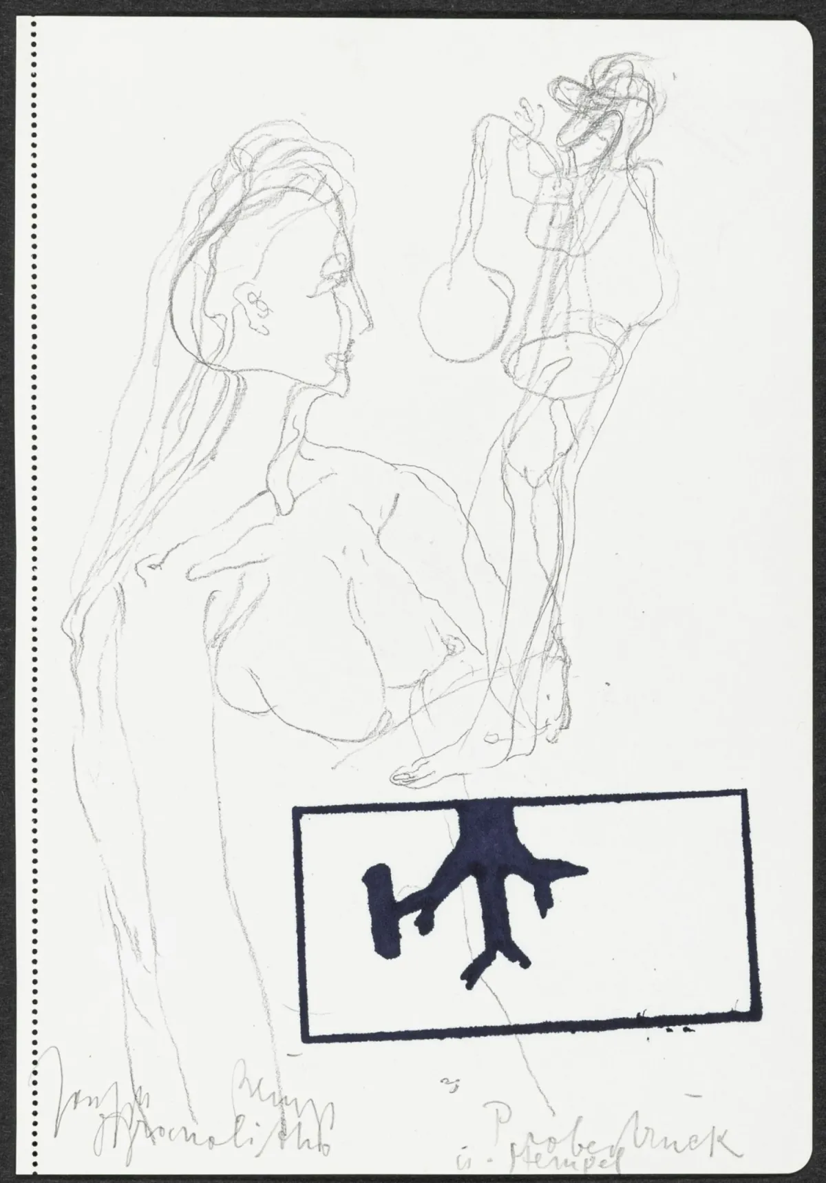 Fluxus – Beuys, Joseph. 无题。纸上石版画。上边缘装裱于黑色卡纸上。铅笔签名，…