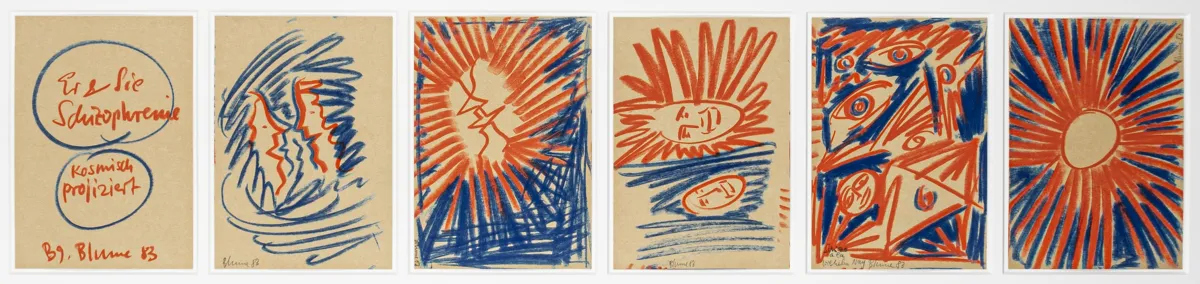 Fluxus – Blume,Bernhard Johannes。他与她。精神分裂宇宙投射。5 幅油性粉笔画系列,附手写标题页…