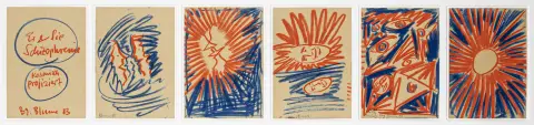 Fluxus – Blume, Bernhard Johannes. Él y Ella. Esquizofrenia proyectada cósmicamente. Serie de 5 dibujos a tiza grasa con portada manuscrita…