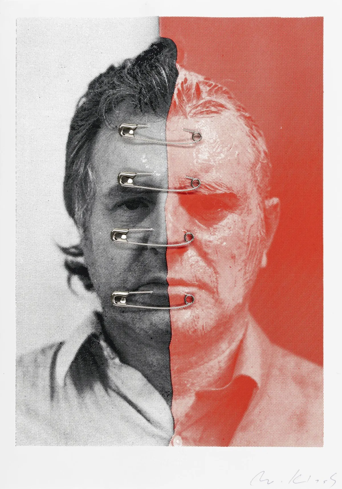 Fluxus – Knizak, Milan。两件纸本作品。约1980年。多种技法与尺寸。I. 无题。4枚安全别针的丝网印刷...