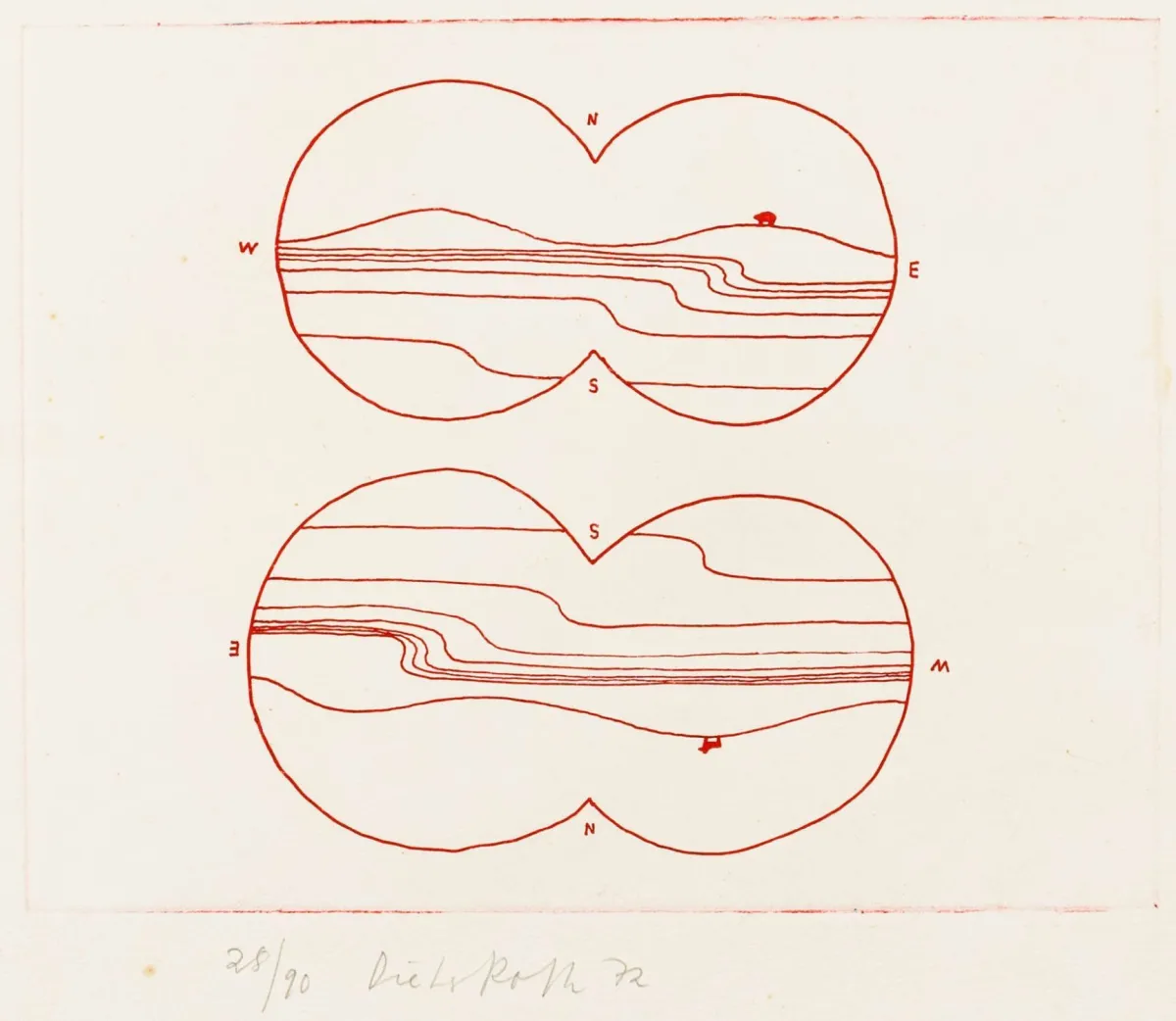 Fluxus – Roth, Dieter。《构图 I》与《在远方》。各为布纹纸蚀刻版画。均有签名和日期，一幅编号。