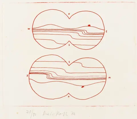 Fluxus – Roth, Dieter。《构图 I》与《在远方》。各为布纹纸蚀刻版画。均有签名和日期，一幅编号。