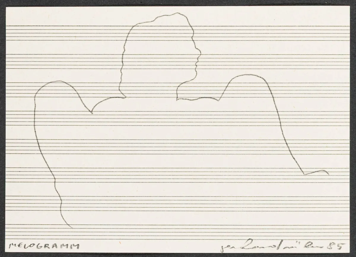 Fluxus – Rühm, Gerhard. 两幅签名素描。纸上铅笔和圆珠笔。1985年。纸张尺寸：各10,5 x 14,5 cm。I.…