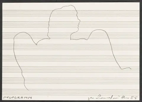 Fluxus – Rühm, Gerhard. 两幅签名素描。纸上铅笔和圆珠笔。1985年。纸张尺寸：各10,5 x 14,5 cm。I.…