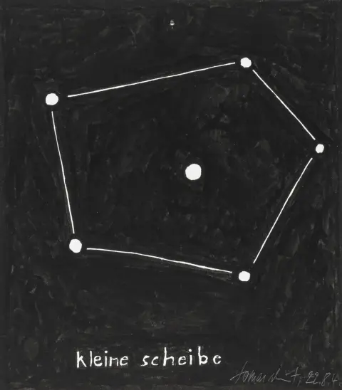 Fluxus – Schmit, Tomas. kleine scheibe. Tusj på kartong. Signert og datert nederst til høyre. "22.8.4". Kartongmål: 34 x 30 cm. I øvre…