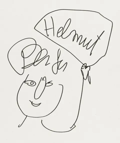 Fluxus – Vautier, Ben. Helmut. Zwarte viltstift op dun karton. Gesigneerd in de tekening. Kartonformaat: 29,5 x 21 cm.