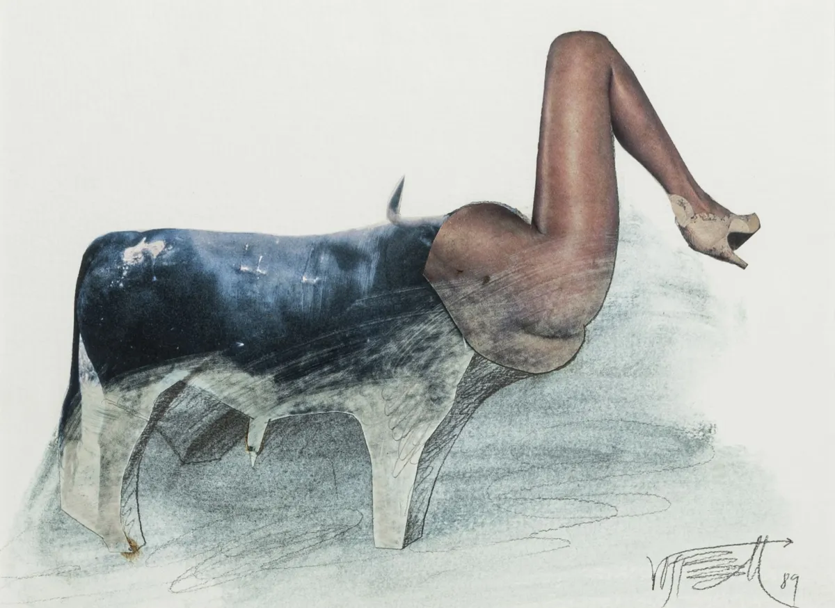 Fluxus – Vostell, Wolf. 无题。(Bein-Kuh)。水彩与铅笔混合技法，附拼贴胶印元素。右下角签名…
