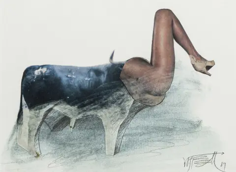 Fluxus – Vostell, Wolf. Zonder titel. (Bein-Kuh). Gemengde techniek aquarel en potlood met gecollageerde offset-elementen. Gesigneerd en gedateerd. 1989.