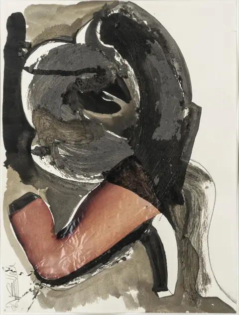 Fluxus – Vostell, Wolf. Zonder titel. (Lichaamsvormen). Gemengde techniek met aquarel, gouache en potlood evenals opgecollageerde offsetdruk op…