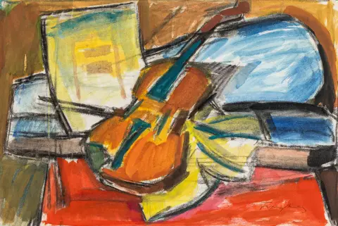 Freytag, Otto – Zonder titel. (Stilleven met viool). Gouache en houtskool op papier. Rechtsonder gesigneerd. Omstreeks 1975. Bladmaten: 43,2 x 60,7…