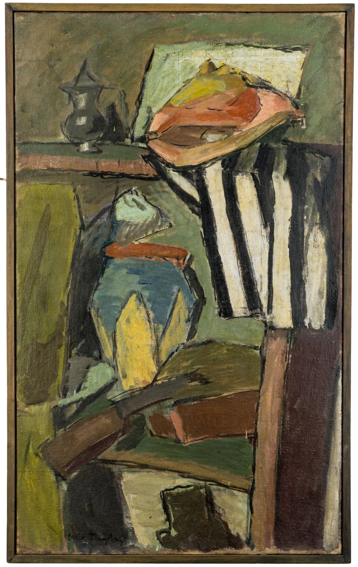 Freytag, Otto – 带条纹围巾的静物/阅读者。各为布面油画，双面绘制。正面左下角…