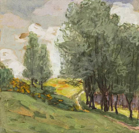 Funke, Helene – Zonder titel. (Weiden en bosje). Gouache op lichtgrijs karton