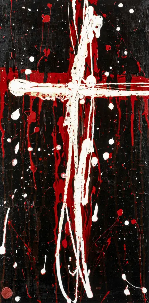 Garcia, Nina – Zwart kruis. Acryl op doek. Linksonder met zegelstempel van de kunstenares. Verso gesigneerd en gedateerd. 2024.