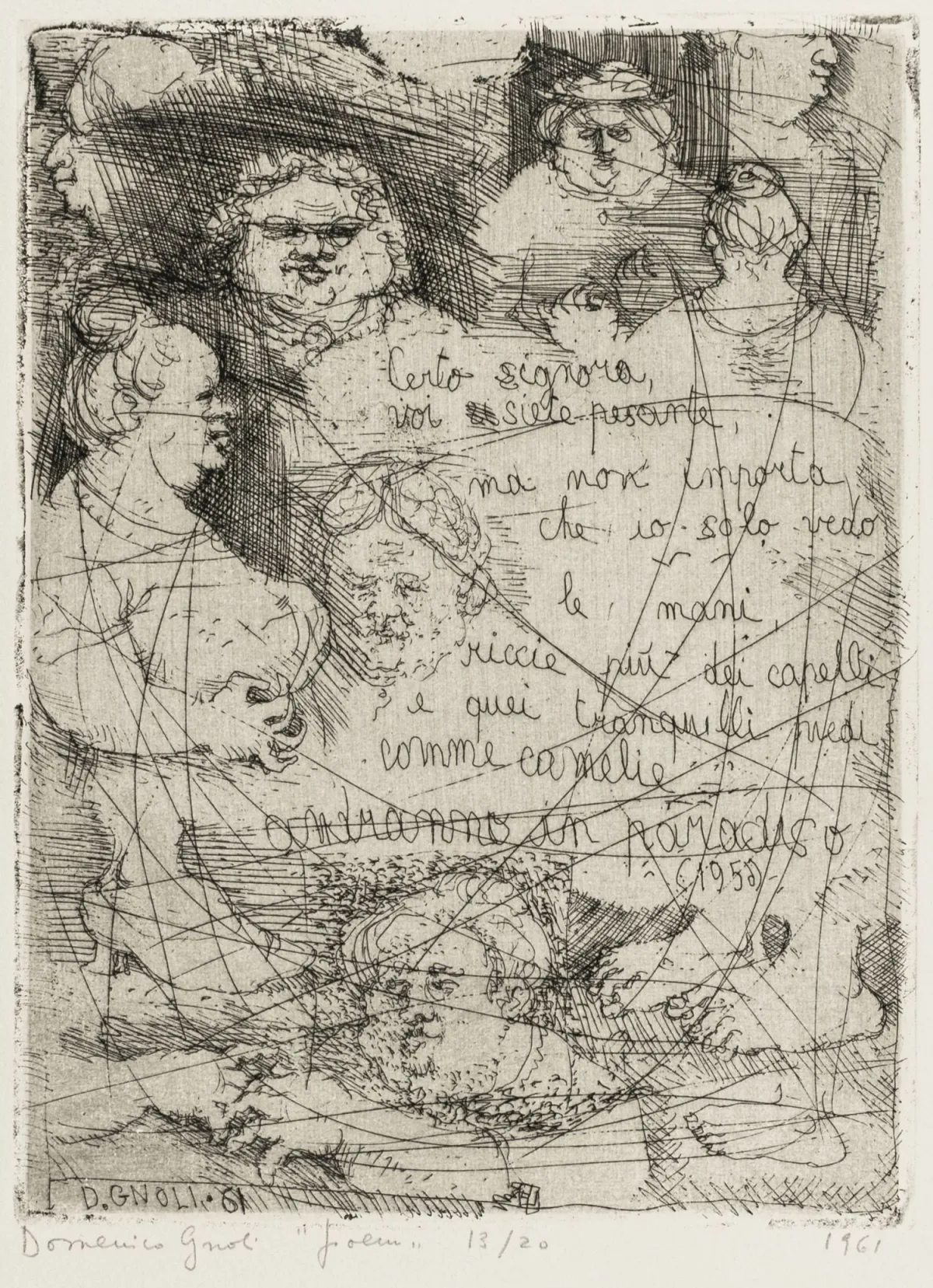 Gnoli, Domenico – Poem。法布里亚诺棉浆纸蚀刻版画。铅笔签名、题名、编号和日期。版本：13/20。1961年。