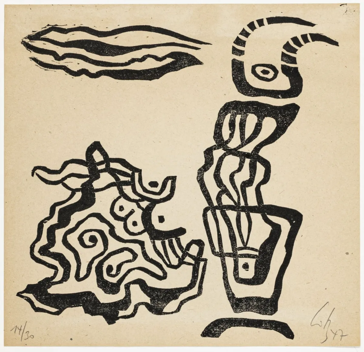 Götz, Karl Otto – 达佛尼斯与克洛伊。薄犊皮纸木刻版画。签名、编号并注明日期。版本：14/30。1947年。画面尺寸：…