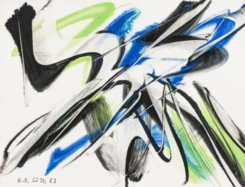 Götz, Karl Otto – Zonder titel. Gouache op geschept papier. Gesigneerd en gedateerd linksonder "K.O. GÖTZ 53". Verso handgeschreven als "UNVERKÄUFLICH" en met een vervaagde ronde stempel (collectie Rissa-Götz). 1953.
