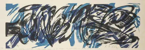 Götz, Karl Otto – Zonder titel. (Compositie in blauw en zwart). Kleurenlithografie op chamois papier. Gesigneerd rechtsonder, in de ondermarge onder andere aangeduid als "Probe", evenals opgedragen en gesigneerd in de steen. Jaren 1990.