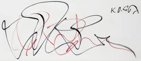 Götz, Karl Otto – Zonder titel. (Rood en zwart). Viltstifttekening op stevig glad papier. Gesigneerd rechtsboven. Bladformaat: 32,6 x 84 cm.