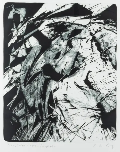Götz, Karl Otto – SKRETT. Lithografie op dun karton met blinddruk "mh Original Lithographie" linksonder. Gesigneerd, gedateerd en in potlood onder de voorstelling aangeduid "Probe - SKRETT - 1992 - (Aufl. 40)". Motiefafmetingen: 60 x 48 cm. Bladformaat: 80 x 70 cm. Hügelow 96. - Onberispelijk exemplaar.