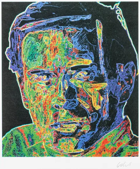 Golub, Leon – Collectie van 6 kleurenzeefdrukken op stevig velijn. 5 bladen gesigneerd, één blad getiteld, elk in potlood. 1994. Motiefafmetingen: tussen 20,5 x 18 cm en 18,5 x 45,5 cm. Bladformaat: tussen 31,5 x 28 cm en 45 x 60,5 cm. Editie van de Griffelkunst-Vereinigung, Hamburg: Wahl 274 C1-C6, 1994. - Bevat de titels: "Cyber Man", "The Request", "Two Black Men", "The Explanation", "Three Men" en "Conversation". - Leon Albert Golub (1922-2004) was een Amerikaanse kunstenaar.