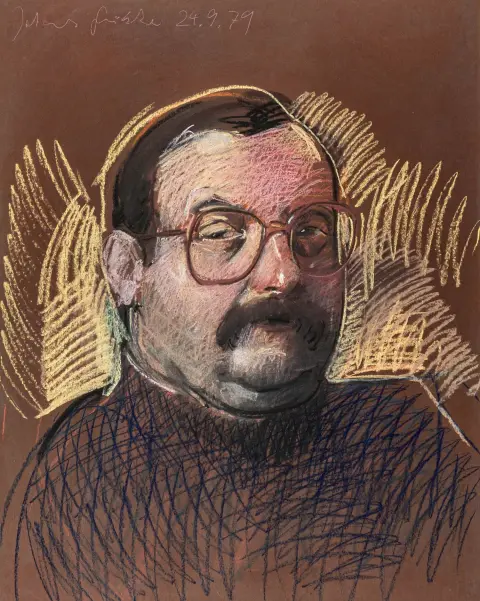 Grützke, Johannes – Portret Heiko Gebhardt. Pastelkrijt op grijsbruin papier. Gesigneerd en gedateerd linksboven in wit kleurpotlood.