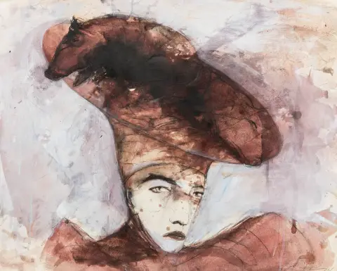 Hampel, Angela – Zonder titel. (Dame met varkenshoed). Houtskool, aquarel en gouache op papier.