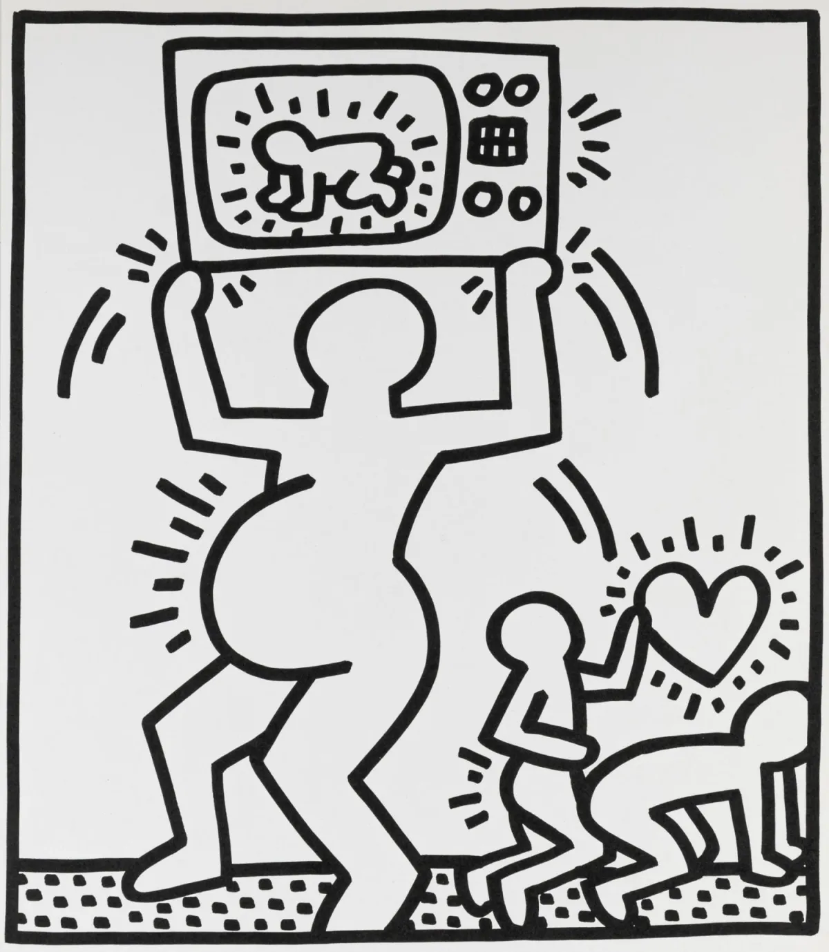 Haring, Keith – Untitled。（Lucio Amelio Suite 中的一页）。厚犊皮纸上的石版画。1983年。图案尺寸：36,5 x 31,7 cm。纸张尺寸：47 x 33 cm。