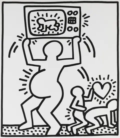 Haring, Keith – Zonder titel. (Blad uit Lucio Amelio Suite). Lithografie op stevig velijn.