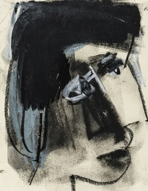 Hartmann, Thomas – Zonder titel. (Hoofd). Gemengde techniek met gouache en houtskool op papier.
