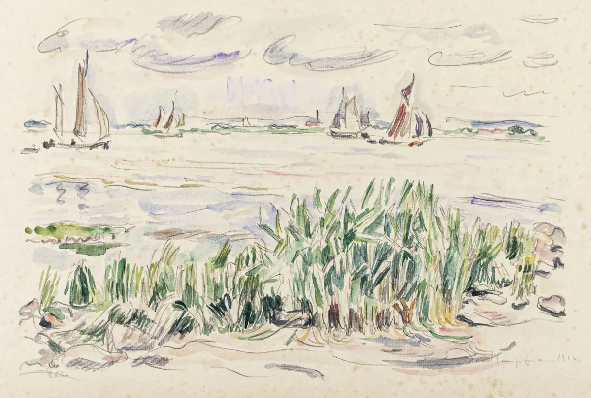 Hauptmann, Ivo – Elbe. Watercolour and pencil on thin Van Gelder Zonen. Signed, dated and annotated. 1914.