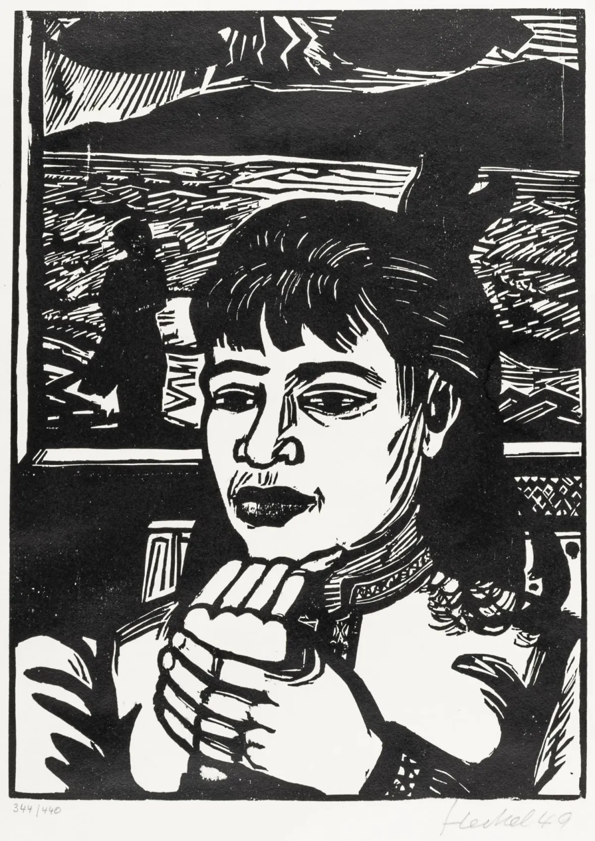 Heckel, Erich – 年轻女子。犊皮纸上的木刻版画。签名、注明日期、编号并带压印。版本：344/440。1949年。…