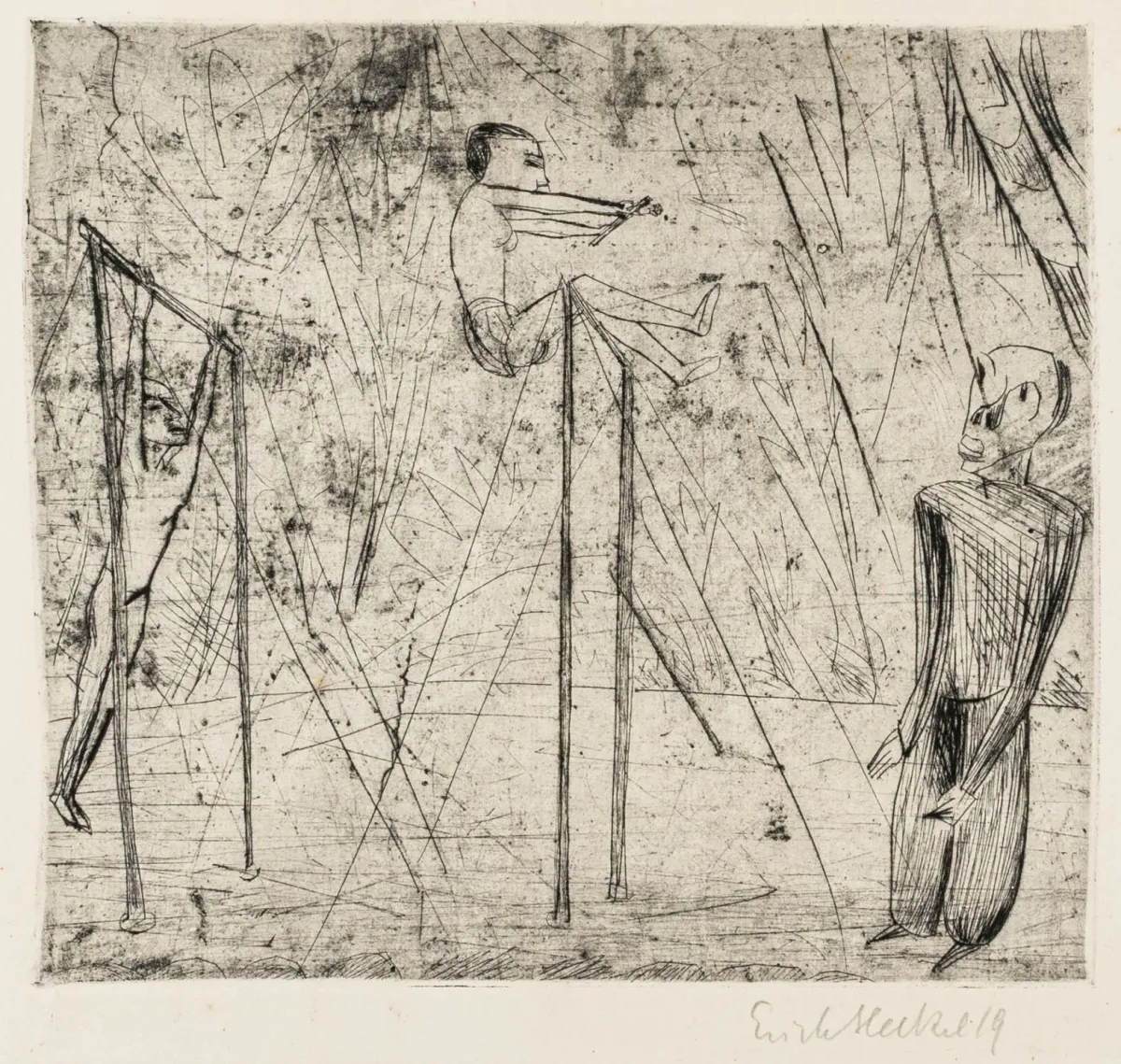 Heckel, Erich – 单杠裸体。布纹纸上的干刻版画。签名、注明日期并题名。1919年。画面尺寸：21,5 x 24 cm。纸张尺寸：…
