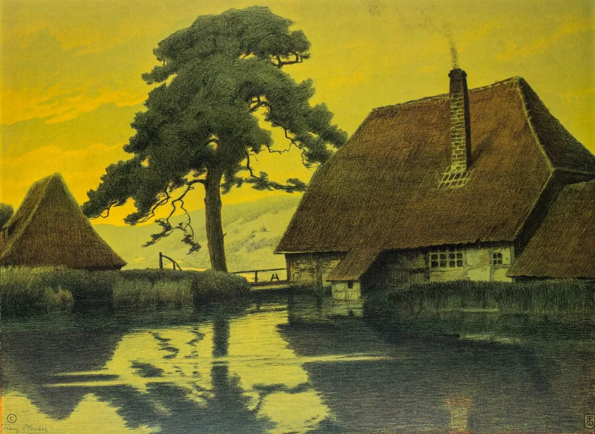 Hecker, Franz – 池塘边的磨坊（又名：傍晚的磨坊）。纸上彩色石版画，装裱于纸板上。版画左下角签名。…