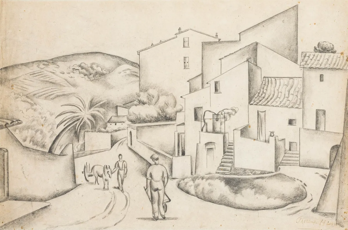Henri, Florence – 无题。（城市景观）。薄犊皮纸上铅笔画。右下角签名。约1925年。
